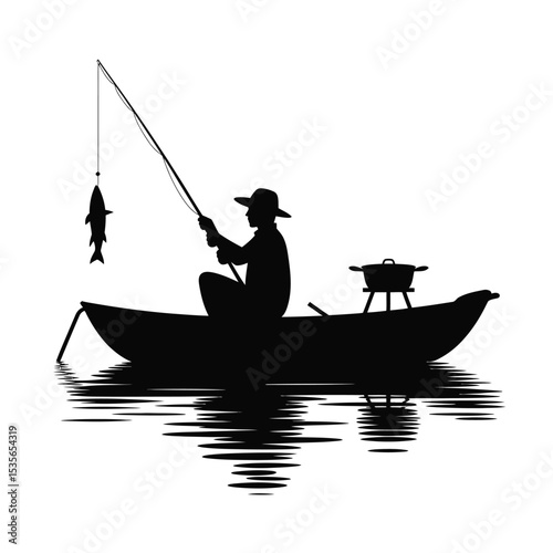Silhouette of Fisherman in Boat with Catch