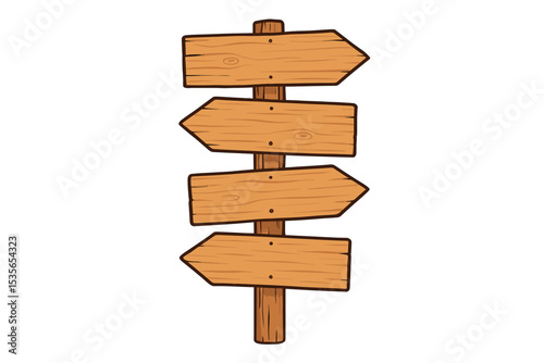 Wooden directional signpost with blank arrows. Vector cartoon illustration of a crossroads sign. Concept of choice, decision, direction, path, and guidance. Isolated on white.