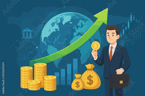 Businessman investor holding gold coin. Global economic growth and financial success concept. World map background with stock market chart, trading graph, and arrow up profit.