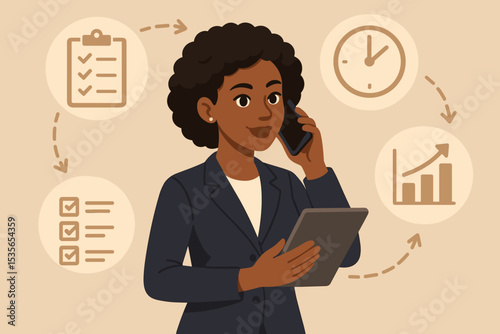 Project management concept with a professional black woman multitasking. Businesswoman managing tasks, time and schedule. Workflow illustration with icons for planning and growth.