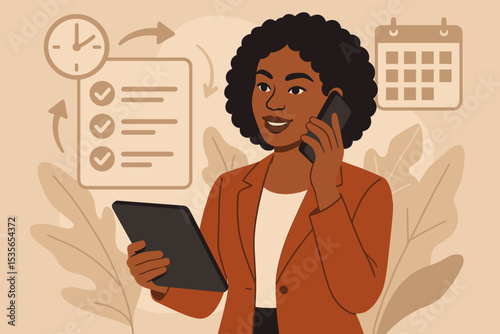 Time management concept. Professional black businesswoman multitasking, planning schedule with calendar and to-do list. Manager organizing workflow, talking on phone with tablet.