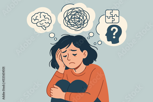 Woman with a bewildered mind and tangled thoughts. Concept of mental health, depression, and anxiety. Psychology illustration of stress, confusion, sorrow, and mental disorder problem.