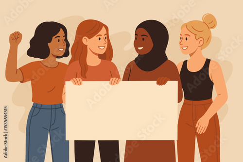 Diverse group of empowered women protesting together. Multicultural female activists hold blank banner. Concept of feminism, women's rights, solidarity, and international unity.