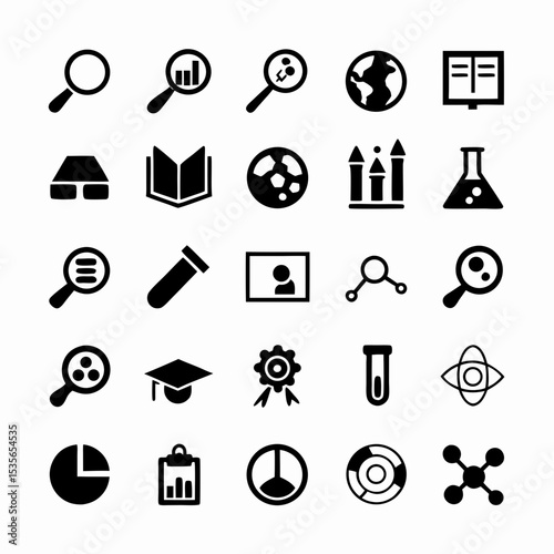 Design a set of diverse icons representing academic research data analysis, literature review, experimentation, publication, collaboration, and knowledge discovery.