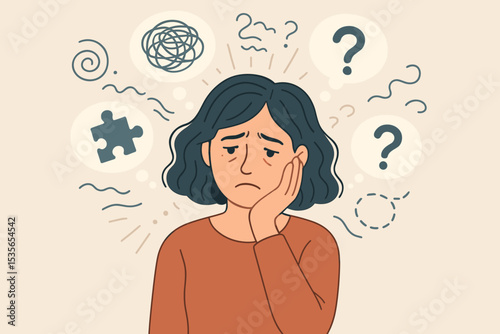 Mental health concept. Confused sad woman with bewildered mind. Anxiety, depression, stress. Female with question marks, tangled thoughts, and puzzle piece. Psychology vector illustration.