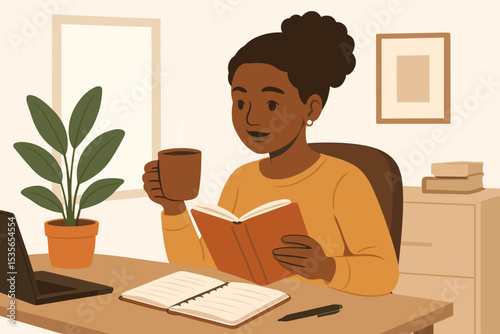 Woman reading a book at her desk with coffee. Concept of education, study, and learning. Young student working from home in a cozy office. E-learning lifestyle vector illustration.