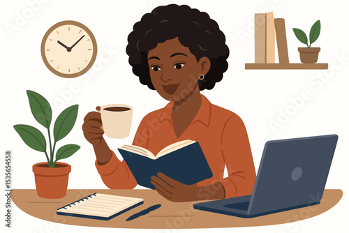 Young African American woman reading a book and drinking coffee at her desk. Home office or study scene with laptop and notebook. Concept of education, remote work, and planning.