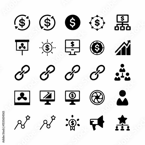 Design a set of vibrant, modern icons representing key affiliate marketing concepts commission, clicks, sales, traffic, leads, SEO, content, social media, email marketing, and partnerships.