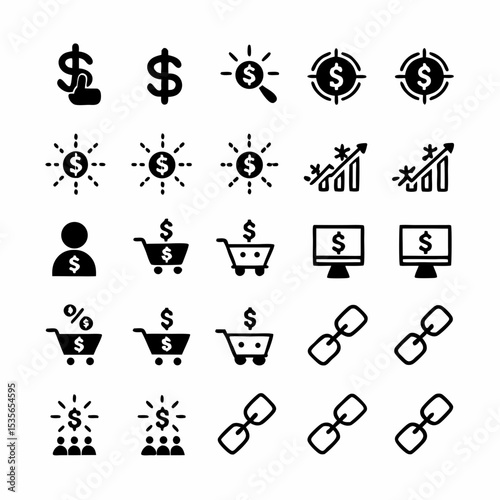 Design a set of vibrant, modern icons representing key affiliate marketing concepts  website traffic, sales conversions, commissions, affiliate links, and marketing strategies.