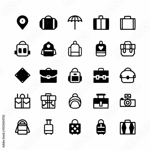 Design a set of vibrant, detailed icons depicting essential backpack and travel gear. Include items like backpacks, maps, compasses, binoculars, and water bottles.