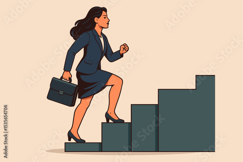Businesswoman climbing career ladder. Ambitious woman in suit with briefcase walking up stairs. Concept of success, promotion, growth, achievement and professional development.