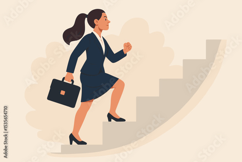 Businesswoman climbing the career ladder. Concept of career growth, success, and ambition. Woman in suit with briefcase walking up stairs. Metaphor for promotion and achievement.