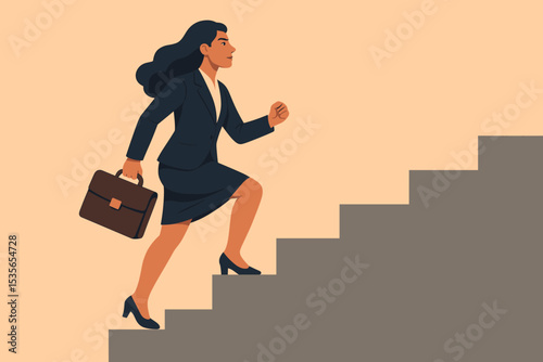 Businesswoman climbing career ladder. Metaphor for success, ambition, and professional growth. Woman walking up stairs to achieve goals. Vector concept of leadership and promotion.