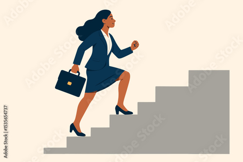 Businesswoman climbing career ladder. Ambitious woman in suit with briefcase walking up stairs. Concept of success, progress, growth, promotion, and professional achievement.