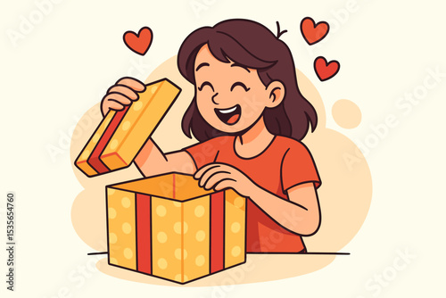 Joyful cartoon girl happily opening a surprise gift box. Cute child receiving a present for a birthday or Christmas. Celebration and happiness concept with love hearts vector.