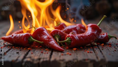 Red Chili Peppers With Burning Fire Flames And Sparks On Wooden Surface	
