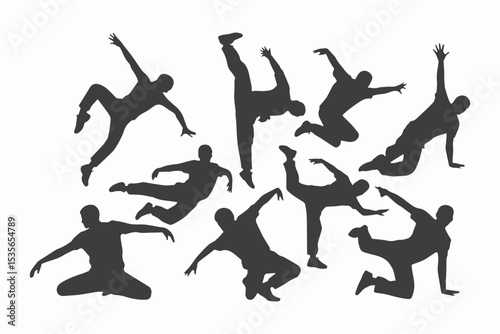 Multiple silhouettes of men performing dynamic dance moves