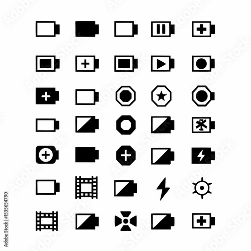 Create a diverse collection of high-quality battery and power icons, showcasing various charge levels and styles, suitable for digital interfaces.