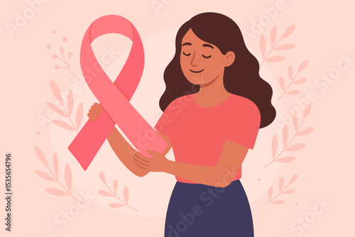 Woman holds pink ribbon for breast cancer awareness month. Concept of support, hope, health campaign. Female survivor illustration for charity, medical care, and empowerment.