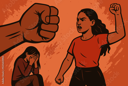 Woman power protest concept. Empowered activist fights violence against women. Domestic abuse victim crying. Resistance fist. Gender equality. Social justice illustration. Courage, strength.