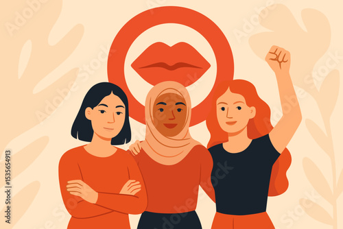 Feminism and women's empowerment concept illustration. Diverse multicultural group of women united for rights and equality. Sisterhood, solidarity, girl power, and female protest.
