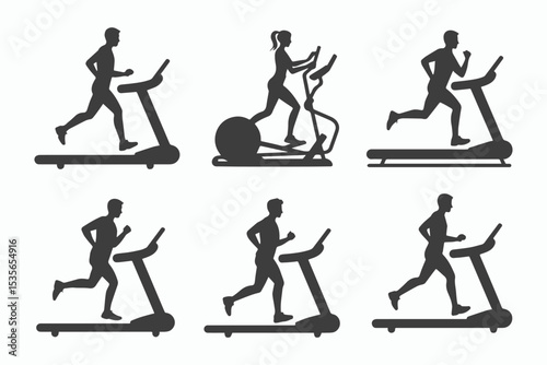 Silhouette people running on treadmills and elliptical