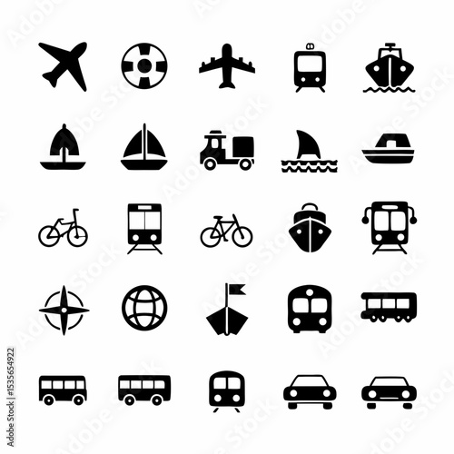 Design a set of bold, colorful icons representing various modes of transportation, including cars, trains, planes, ships, and bicycles.  Include both land and air transportation.