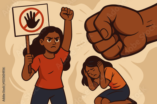 Stop violence against women. Concept of protest and female empowerment. Strong woman with raised fist and sign. Scared victim of domestic abuse and aggression. Social issue vector.