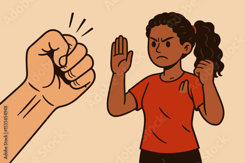 Stop violence against women concept. Brave black woman with stop hand gesture against aggressive fist. Female empowerment, self defense, protest against abuse and harassment vector.