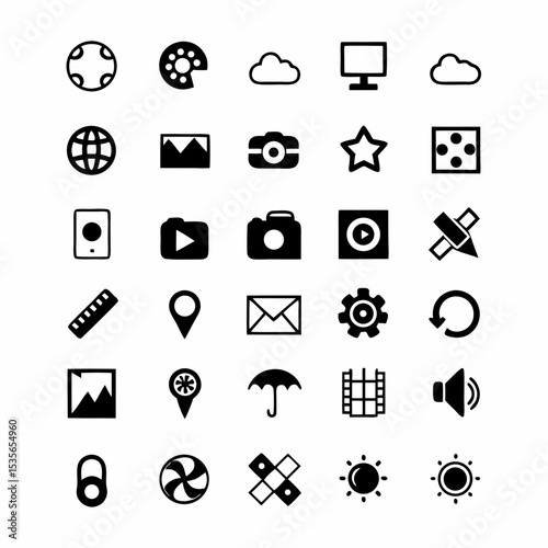 Design a set of bold, stylized icons representing core operating system functions (file management, settings, etc.).  High resolution, clean lines.