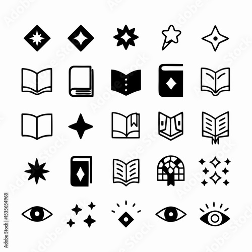 Create a diverse icon set depicting various aspects of reading and books, including open books, closed books, bookmarks, reading glasses, and a person reading.