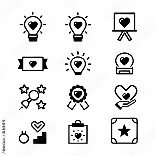 Design a set of vibrant icons representing brand awareness and customer loyalty, incorporating elements like hearts, stars, repeat purchases, and positive feedback.