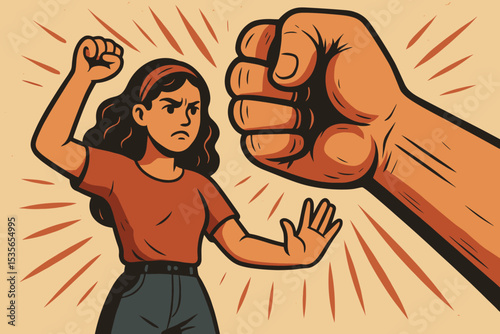 Woman fights back against giant fist, a metaphor for oppression and violence. Feminist concept of empowerment, protest, women's rights. Stop domestic abuse and harassment.