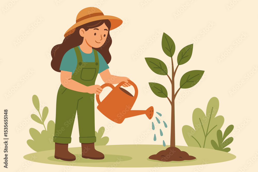 Gardener woman character watering a sapling. Person planting a young tree for growth. Concept of nature, environment, ecology, sustainability, agriculture and new life. Vector. Gardener woman character watering a sapling. Person planting a young tree for growth. Concept of nature, environment, ecology, sustainability, agriculture and new life. Vector.