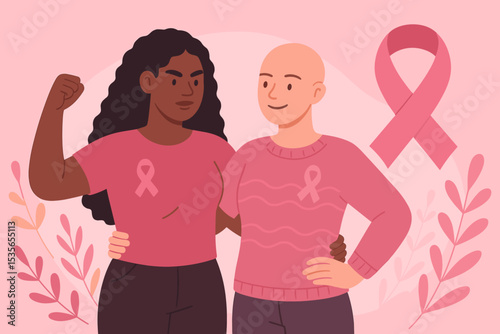Breast Cancer Awareness Month concept. Women supporting a woman with cancer. Diverse friends show solidarity and strength. Bald patient with chemotherapy. Pink ribbon for hope.