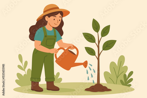 Gardener woman character watering a sapling. Person planting a young tree for growth. Concept of nature, environment, ecology, sustainability, agriculture and new life. Vector.