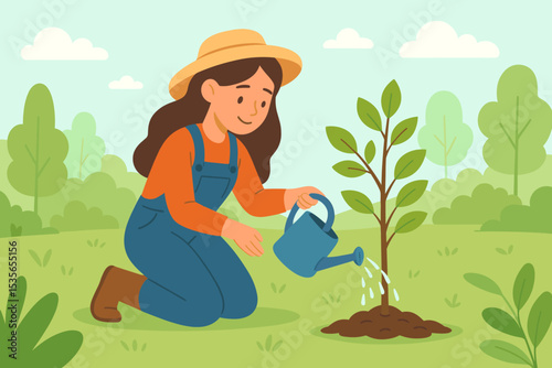 Gardener woman watering a young tree sapling. Girl planting a new tree in the garden. Concept of growth, nature conservation, ecology, environmental care, agriculture, hobby.