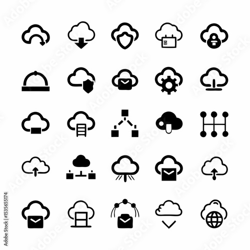 Create a set of diverse, modern vector icons representing core cloud computing concepts server, cloud storage, data transfer, network, security, scalability.