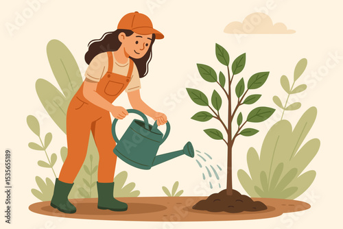 Woman gardener watering a young tree sapling. Concept of planting, growth, care, and nurturing. Environmental conservation, agriculture, and sustainability vector illustration.