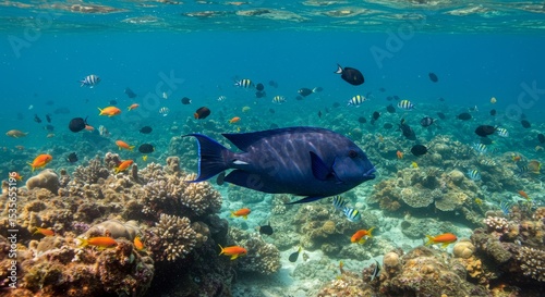 Underwater Paradise: Vibrant Reef and Fish - A mesmerizing underwater scene showcasing a large fish amidst a vibrant coral reef teeming with diverse smaller fish. photo