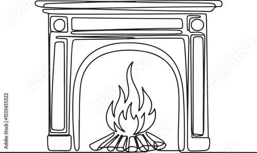 continuous line drawing of a traditional fireplace with dancing flame and firewood in a modern black and white silhouette style

