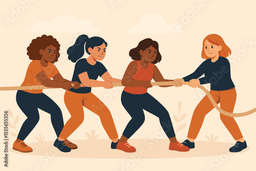 Empowered women teamwork concept. Diverse group of strong girls pulling a rope together in tug of war. Feminism, unity, collaboration, and female strength vector illustration.
