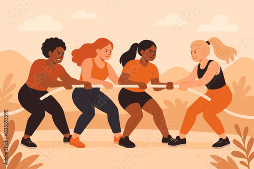Tug of war concept with diverse women. Two teams pulling a rope. Metaphor for conflict, competition, struggle, and opposition. Female empowerment, teamwork, and strength. Vector.