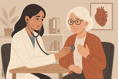 Doctor examines an elderly patient with a stethoscope. Worried senior woman during a medical consultation for heart problems. Cardiology and healthcare vector illustration concept.