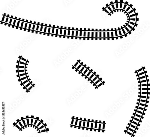 Railway train track vector route. Rail line, subway map, and railroad elements for game UI and graphic design icon set easy to edit. Rail pattern round circular curve railroad path icon