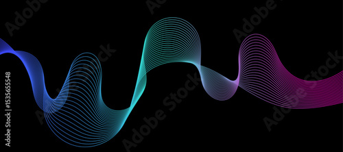 Abstract vector wavy lines flowing smooth curve black colorful spectrum light gradient isolated on black background in concept of technology, science, music, modern.
