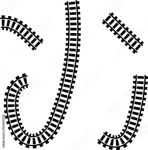 Railway train track vector route. Rail line, subway map, and railroad elements for game UI and graphic design icon set easy to edit. Rail pattern round circular curve railroad path icon