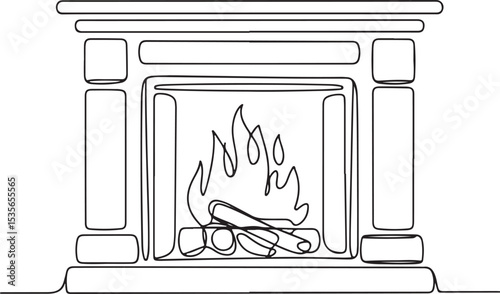 continuous line drawing of a traditional fireplace with dancing flame and firewood in a modern black and white silhouette style

