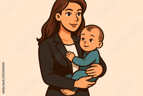 Businesswoman mom holding her baby. Working mother embracing infant. Vector concept for work-life balance, career and family, maternity leave, and modern parenthood success.
