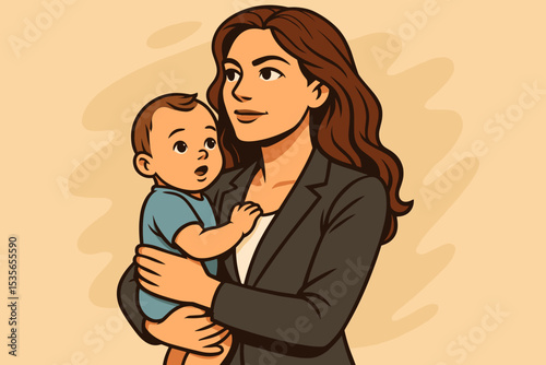 Businesswoman holding baby in arms. Working mom concept. Work life balance for modern women. Career and family vector. Mother returning to work after maternity leave. Loving embrace.